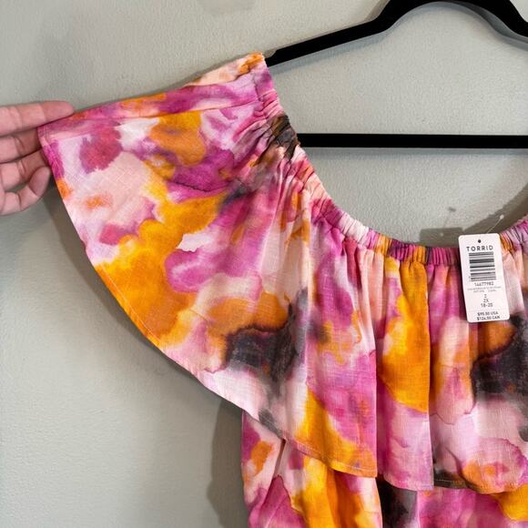 Torrid Skirt Set Womens Size 2 Pink Floral Print Tie Dye Crop Off Shoulder NWT - Picture 5 of 16